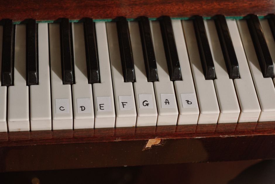 Detailed view of piano keys labeled with musical notes for educational purposes.